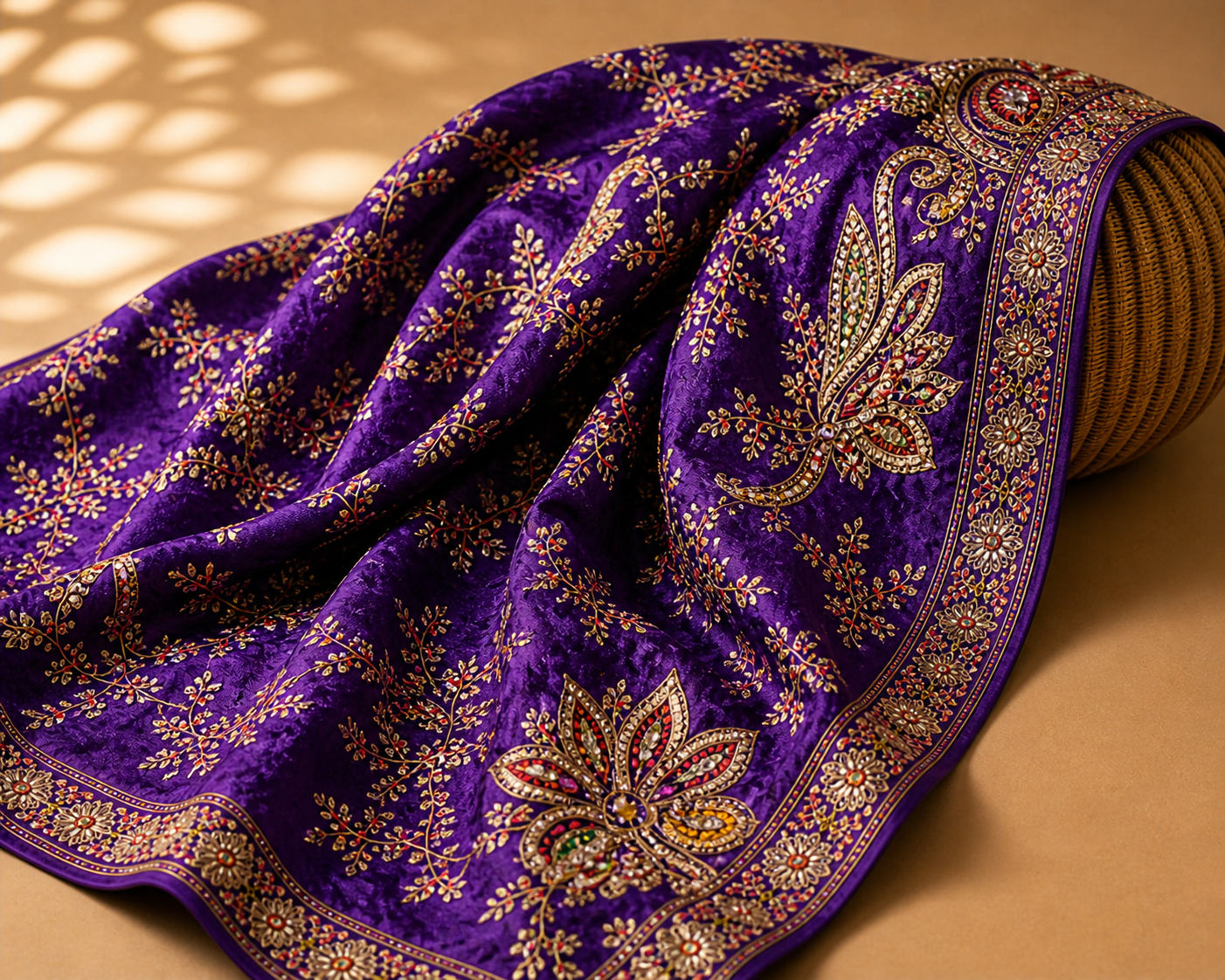 Deep Purple Heavy Embroidered Saree Fabric – Luxury Designer Crepe Silk Material