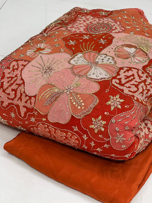 Coral Peach Floral Embroidered Fabric – Premium Designer Occasion Material