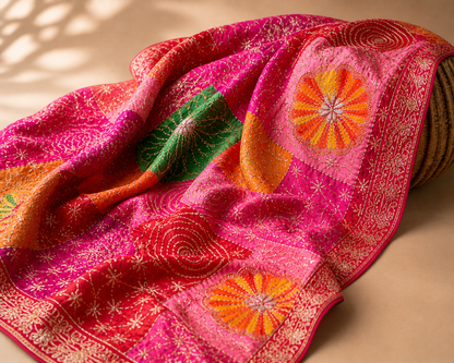 Vibrant Floral Embroidered Crepe Fabric – Multicolor Premium Designer Material