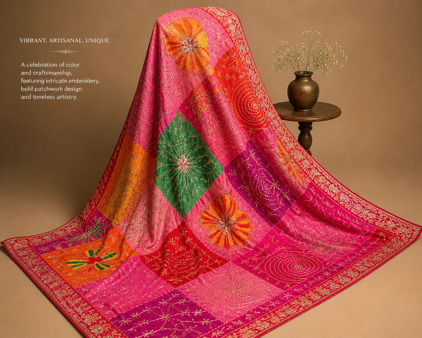 Vibrant Floral Embroidered Crepe Fabric – Multicolor Premium Designer Material