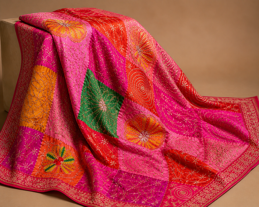 Vibrant Floral Embroidered Crepe Fabric – Multicolor Premium Designer Material