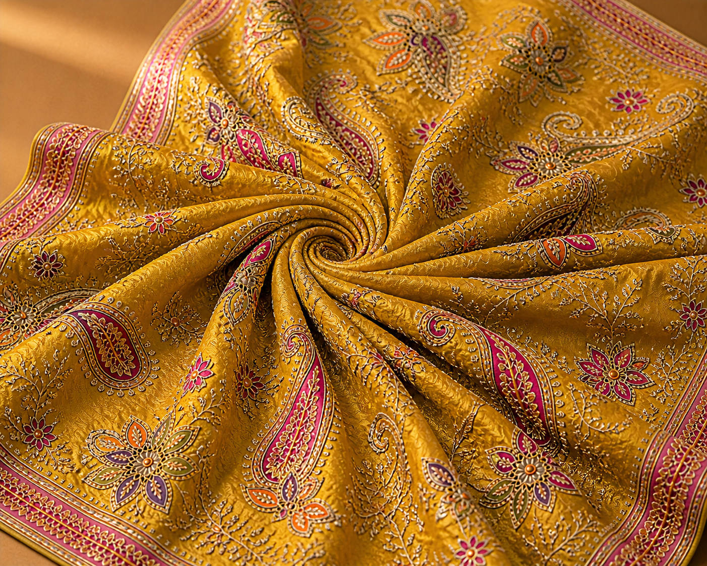 Mustard Yellow Designer Embroidered Saree Fabric – Festive Premium Material