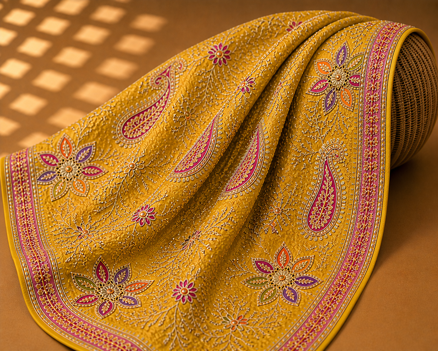 Mustard Yellow Designer Embroidered Saree Fabric – Festive Premium Material