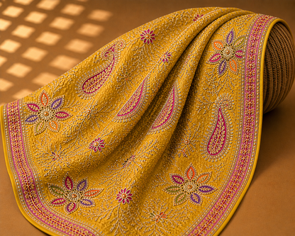 Mustard Yellow Designer Embroidered Saree Fabric – Festive Premium Material