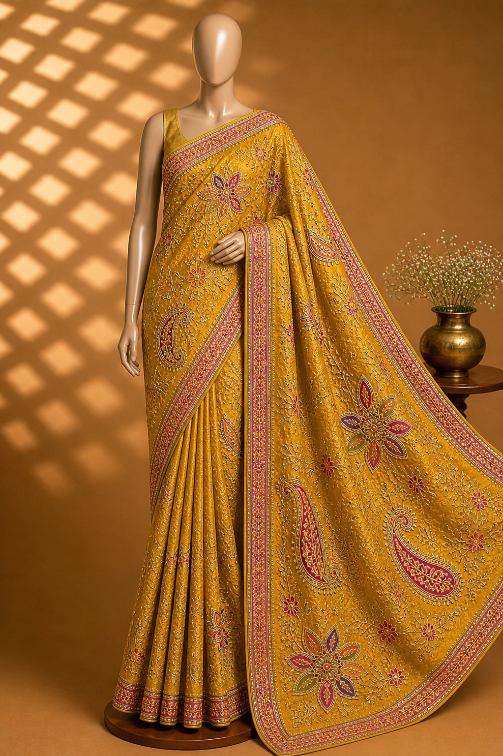 Mustard Yellow Designer Embroidered Saree Fabric – Festive Premium Material