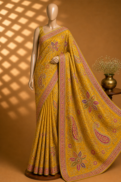 Mustard Yellow Designer Embroidered Saree Fabric – Festive Premium Material