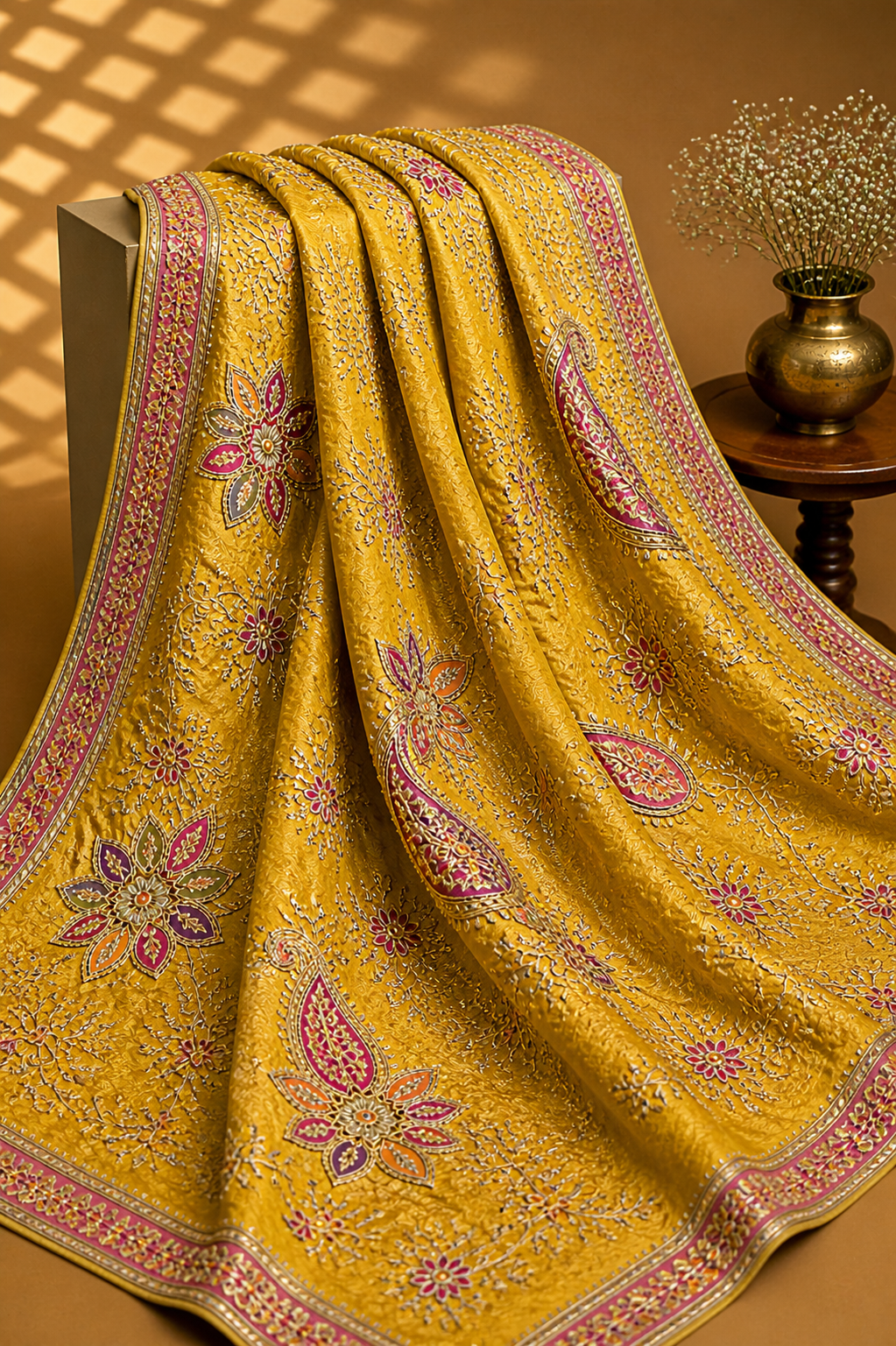 Mustard Yellow Designer Embroidered Saree Fabric – Festive Premium Material