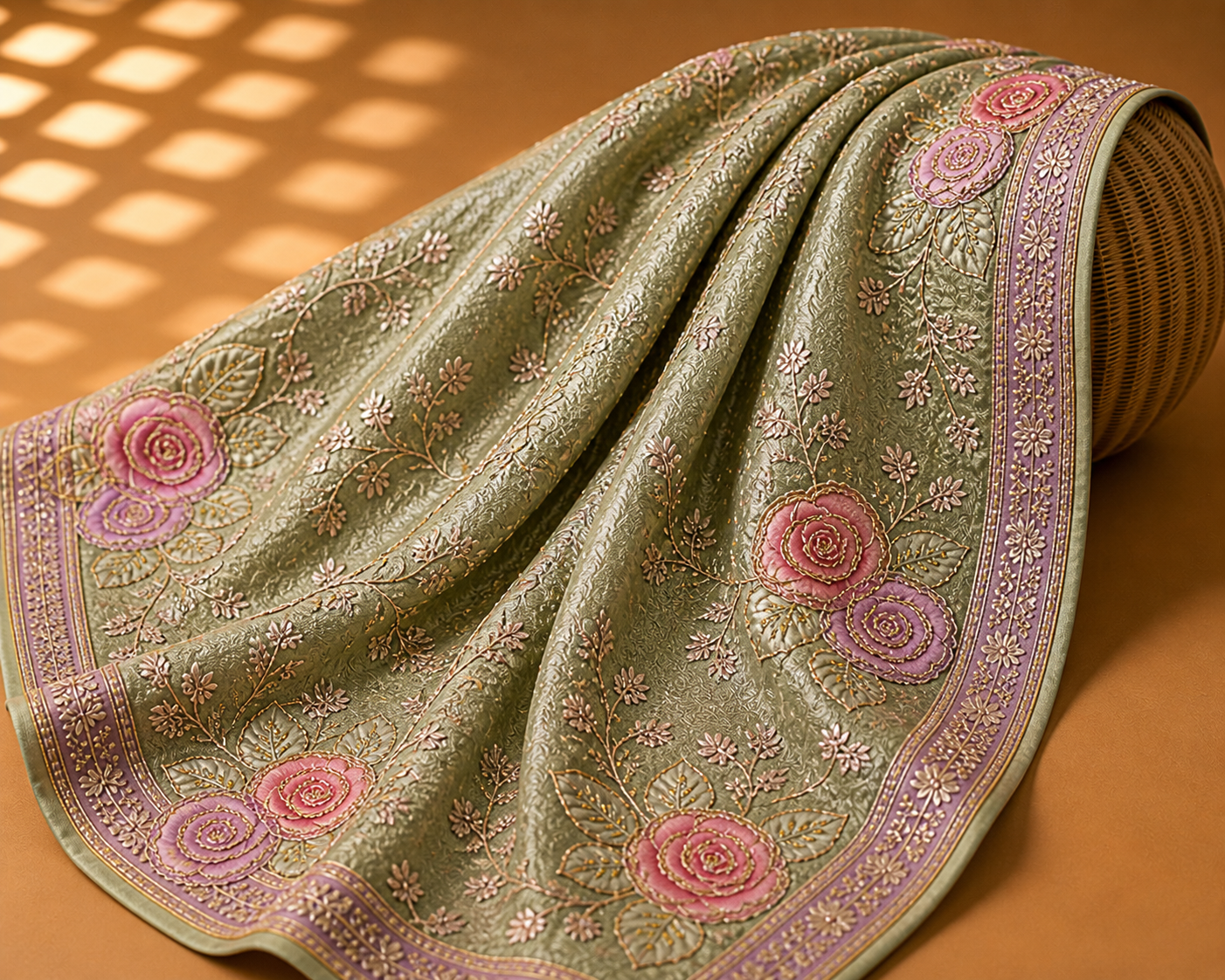 Sage Green Floral Embroidered Saree Fabric – Elegant Designer Premium Material