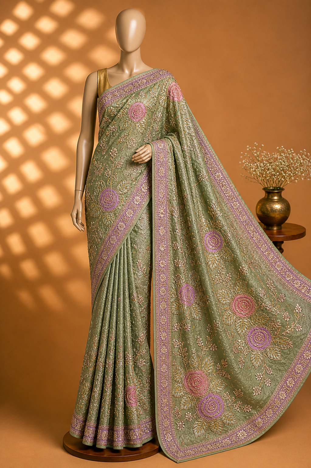 Sage Green Floral Embroidered Saree Fabric – Elegant Designer Premium Material
