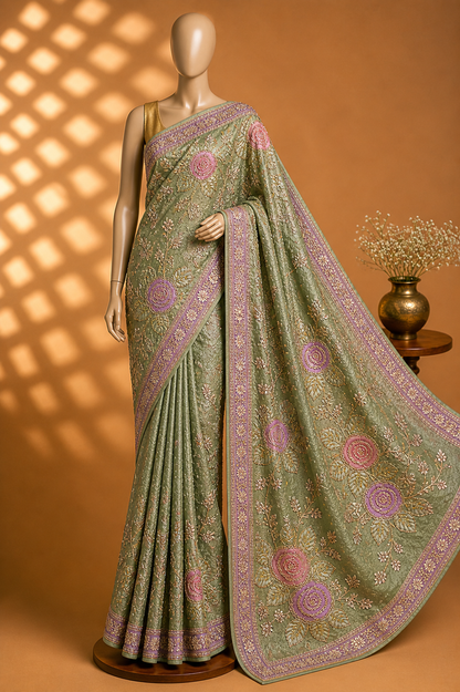 Sage Green Floral Embroidered Saree Fabric – Elegant Designer Premium Material