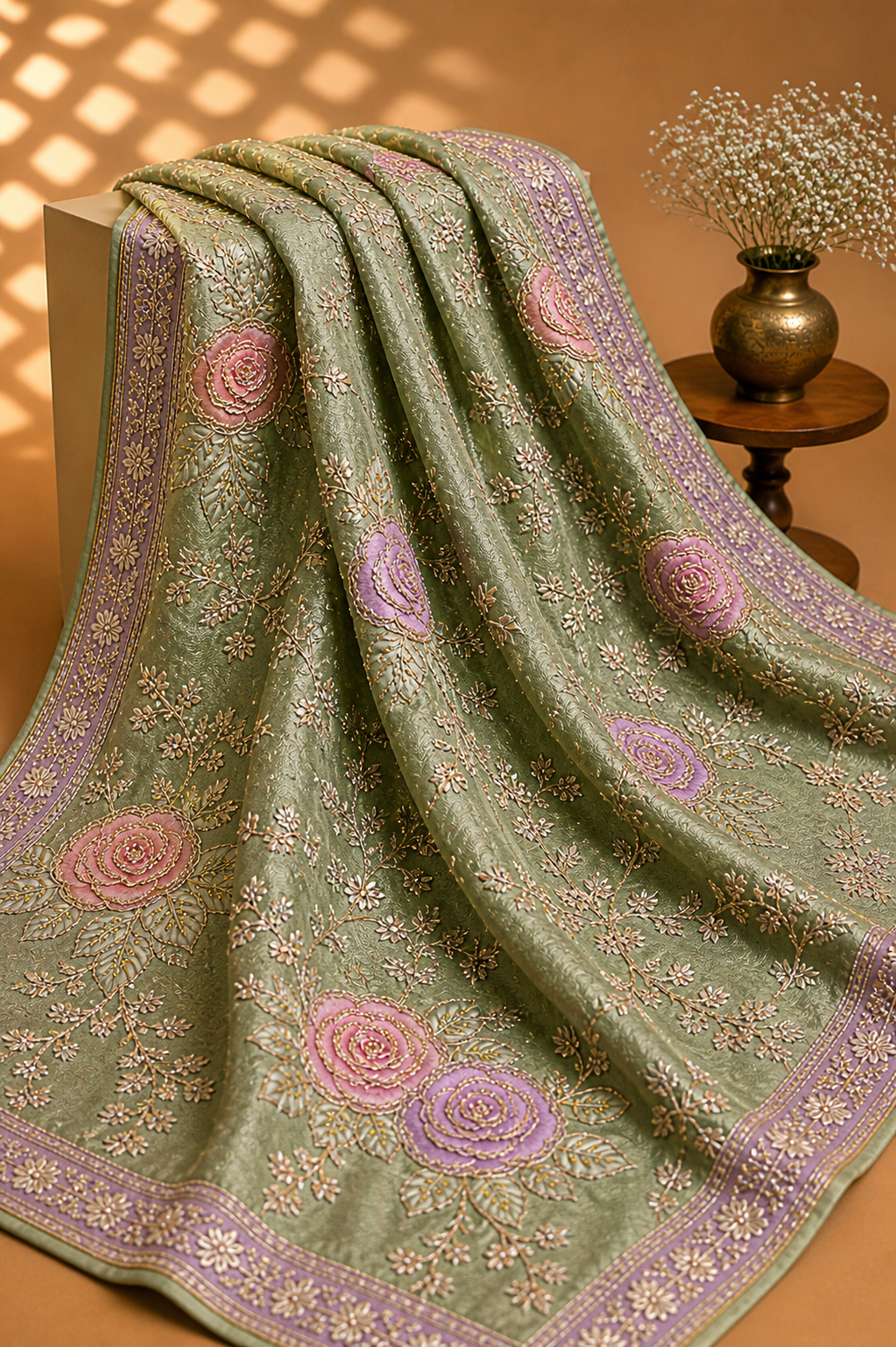 Sage Green Floral Embroidered Saree Fabric – Elegant Designer Premium Material