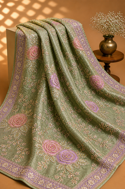 Sage Green Floral Embroidered Saree Fabric – Elegant Designer Premium Material