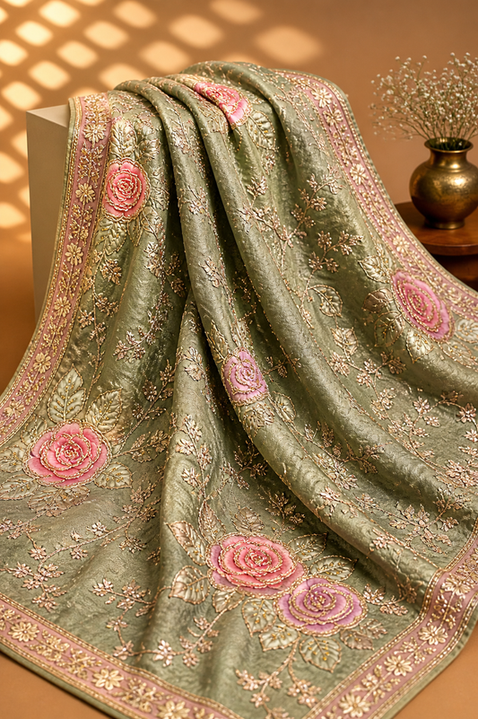Sage Green Floral Embroidered Saree Fabric – Elegant Designer Premium Material