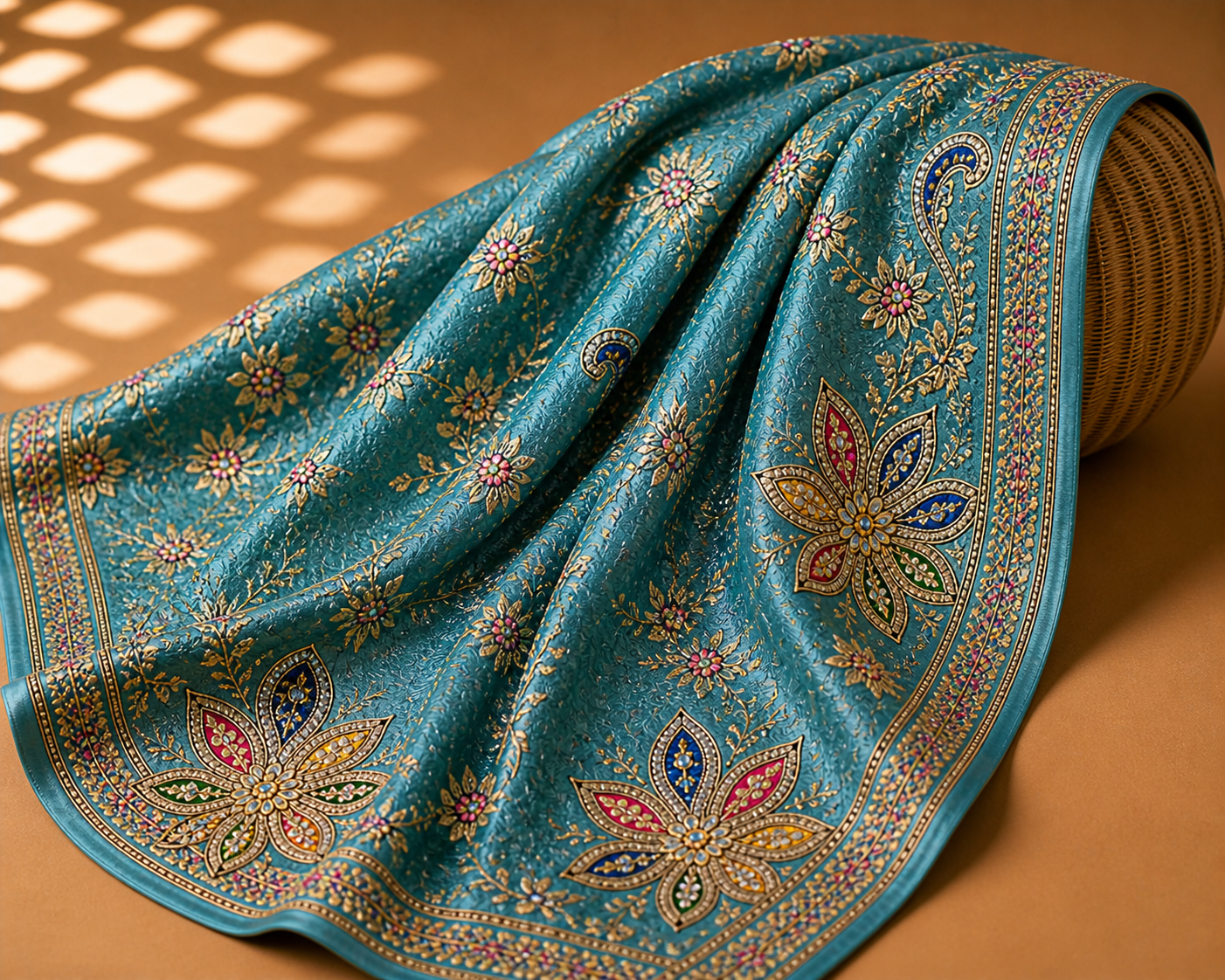 Teal Blue Floral Embroidered Saree Fabric – Premium Designer Crepe Material