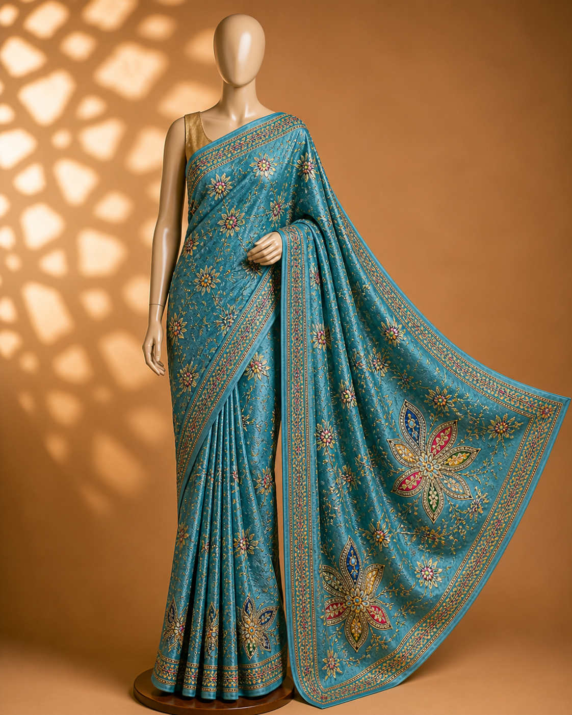 Teal Blue Floral Embroidered Saree Fabric – Premium Designer Crepe Material