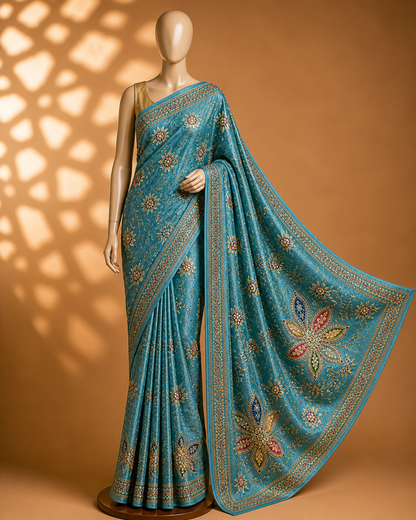 Teal Blue Floral Embroidered Saree Fabric – Premium Designer Crepe Material
