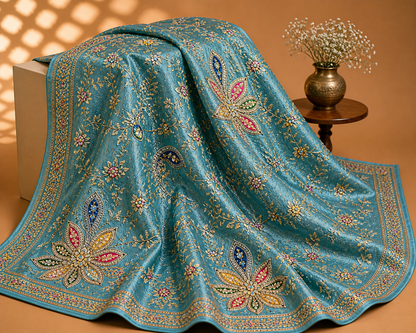Teal Blue Floral Embroidered Saree Fabric – Premium Designer Crepe Material