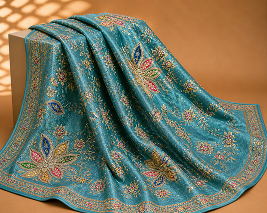 Teal Blue Floral Embroidered Saree Fabric – Premium Designer Crepe Material