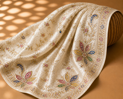 Ivory Floral Embroidered Saree Fabric – Soft Elegant Premium Material