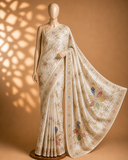 Ivory Floral Embroidered Saree Fabric – Soft Elegant Premium Material