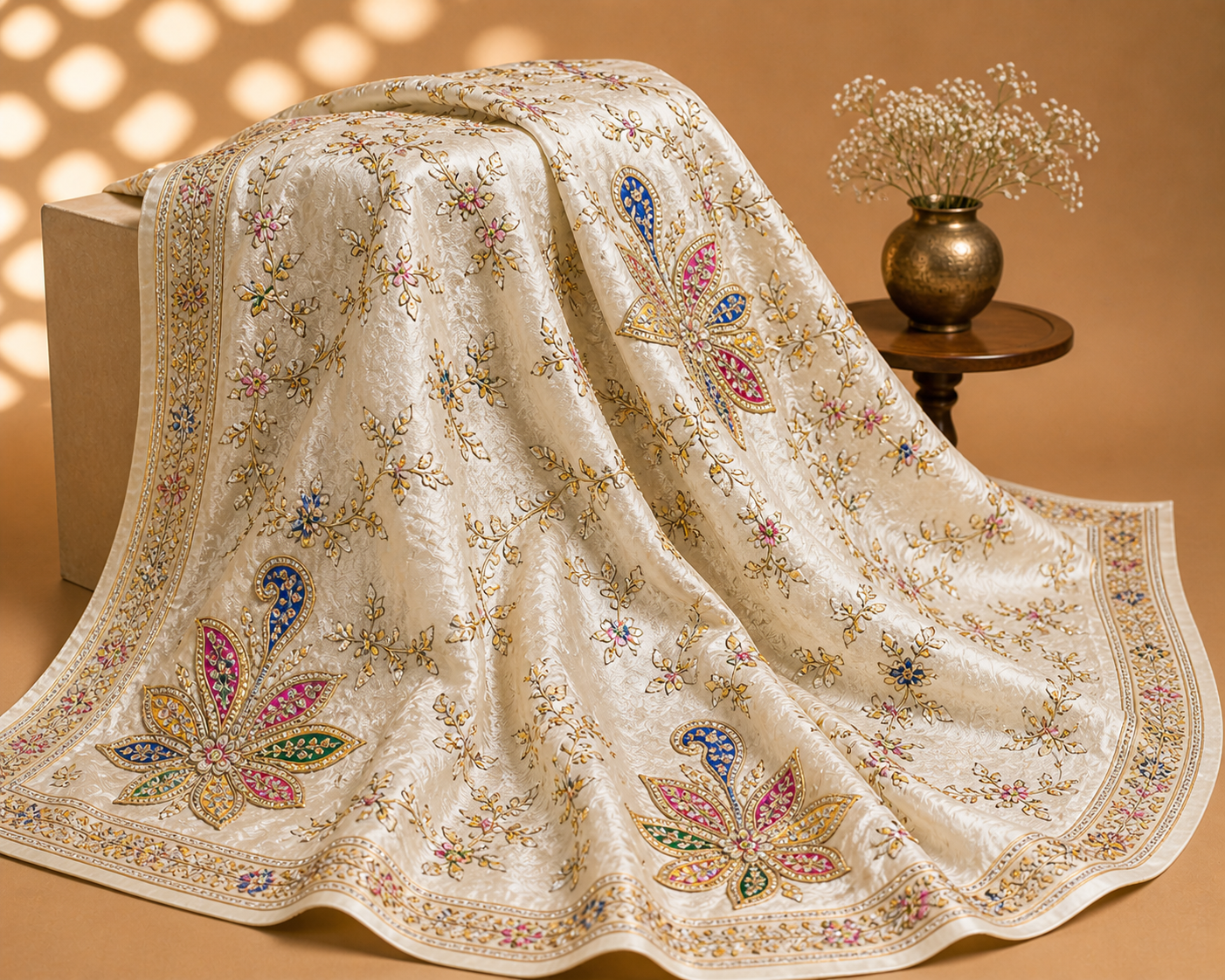 Ivory Floral Embroidered Saree Fabric – Soft Elegant Premium Material