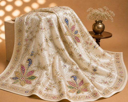 Ivory Floral Embroidered Saree Fabric – Soft Elegant Premium Material