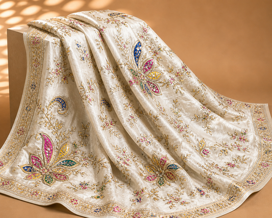 Ivory Floral Embroidered Saree Fabric – Soft Elegant Premium Material