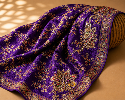 Deep Purple Heavy Embroidered Saree Fabric – Luxury Designer Crepe Silk Material