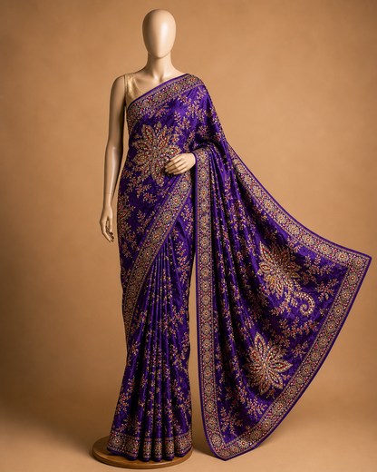 Deep Purple Heavy Embroidered Saree Fabric – Luxury Designer Crepe Silk Material
