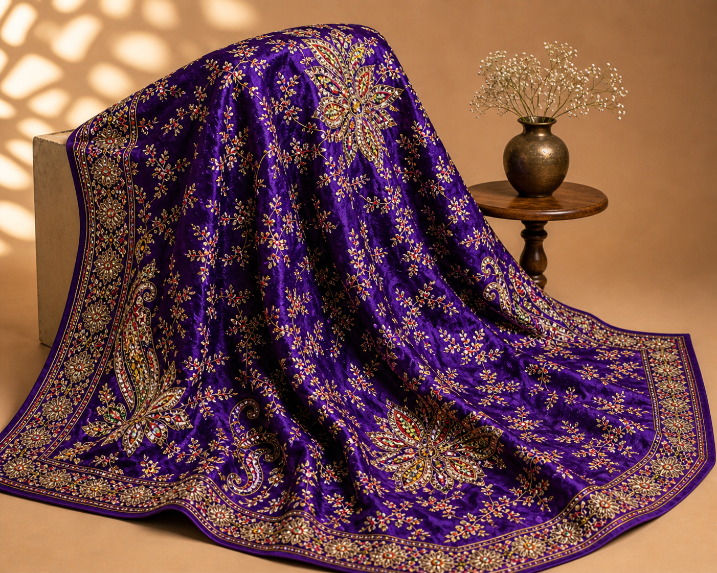 Deep Purple Heavy Embroidered Saree Fabric – Luxury Designer Crepe Silk Material