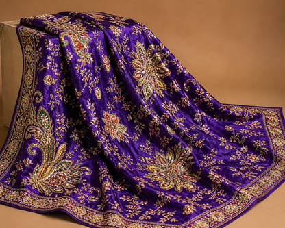 Deep Purple Heavy Embroidered Saree Fabric – Luxury Designer Crepe Silk Material