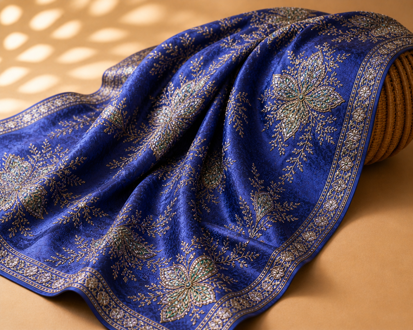 Royal Blue Designer Embroidered Saree Fabric – Premium Crepe Silk Blend Material