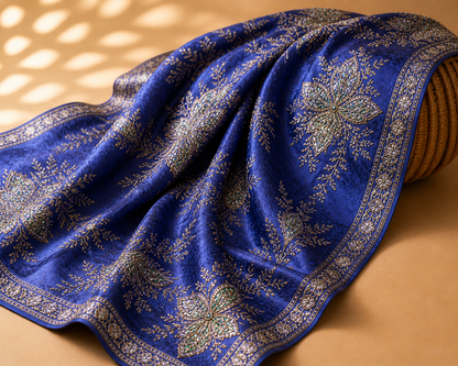 Royal Blue Designer Embroidered Saree Fabric – Premium Crepe Silk Blend Material
