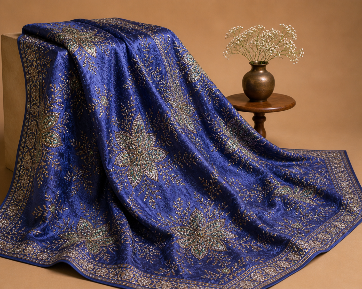 Royal Blue Designer Embroidered Saree Fabric – Premium Crepe Silk Blend Material