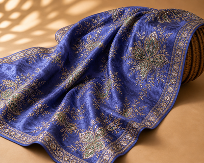 Royal Blue Designer Embroidered Saree Fabric – Premium Crepe Silk Blend Material