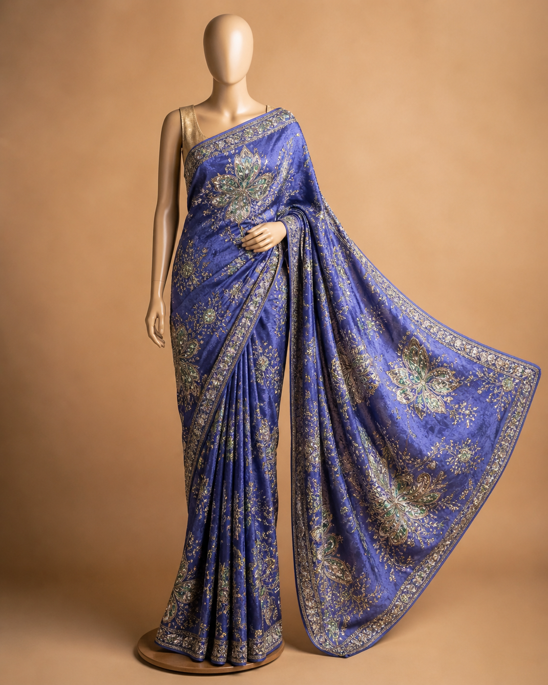 Royal Blue Designer Embroidered Saree Fabric – Premium Crepe Silk Blend Material