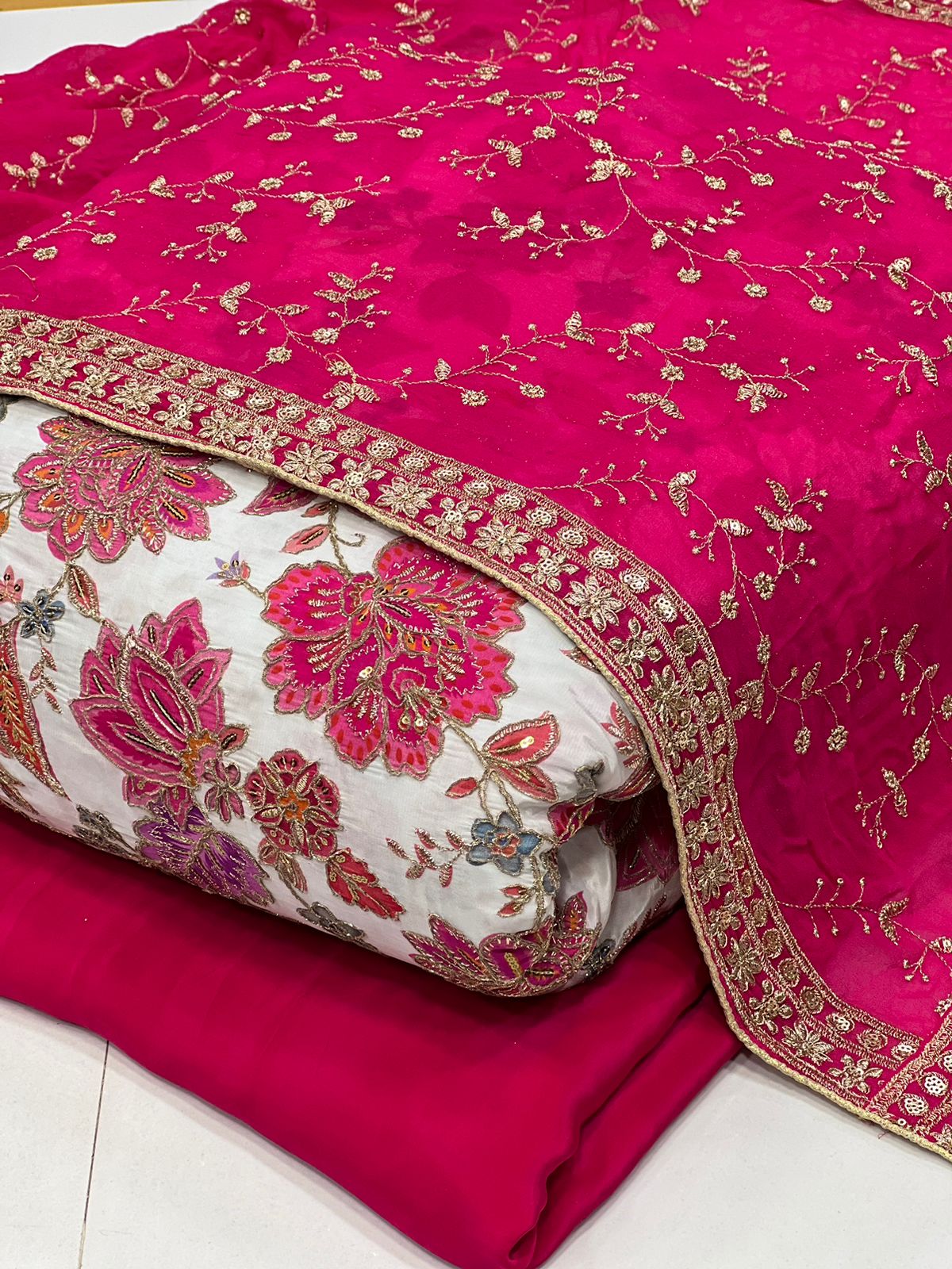 Floral Pink Embroidered Net and Satin Fabric Set – Romantic & Regal