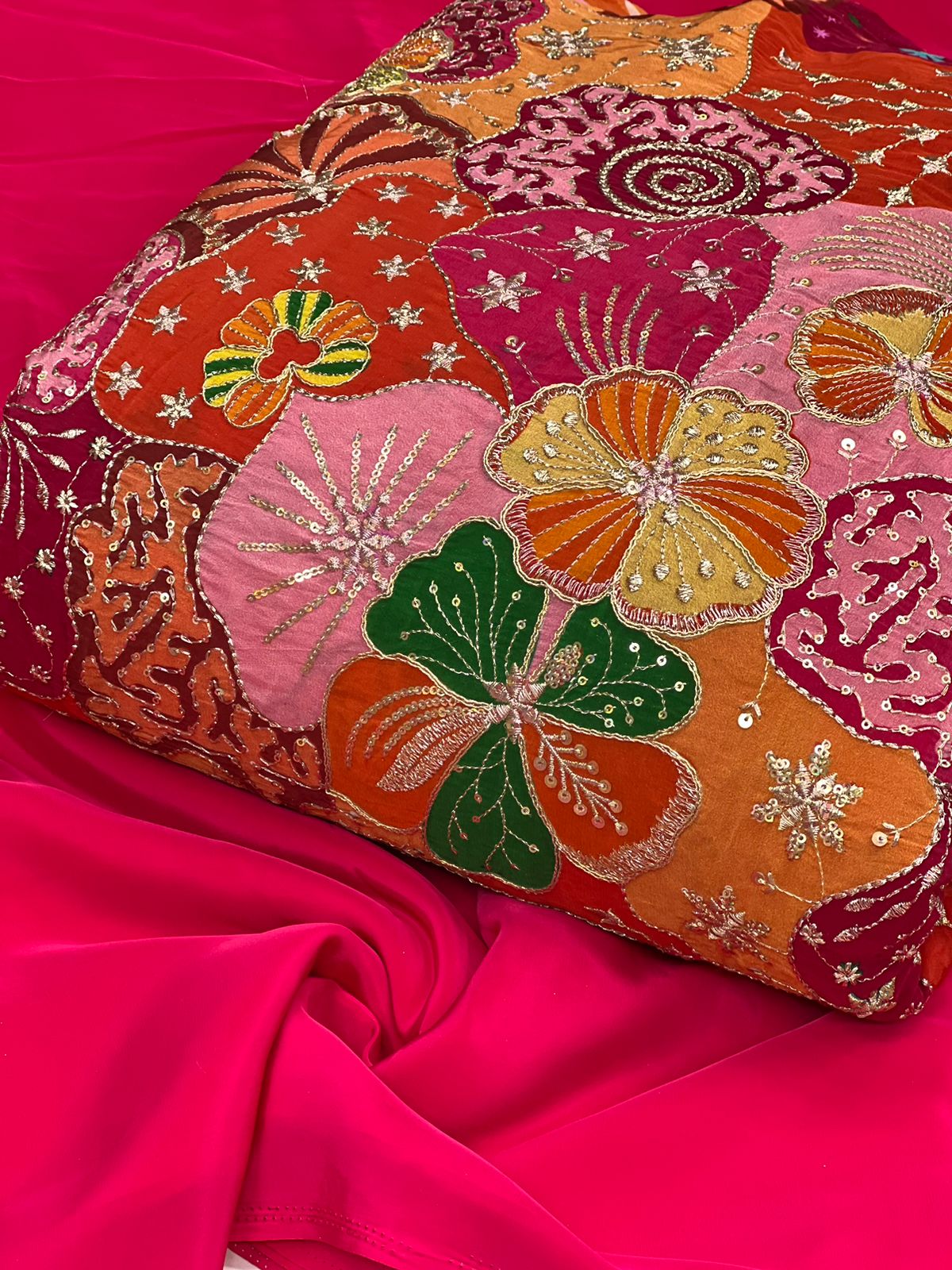 Vibrant Pink Orange Floral Embroidered Fabric – Luxury Designer Crepe Material
