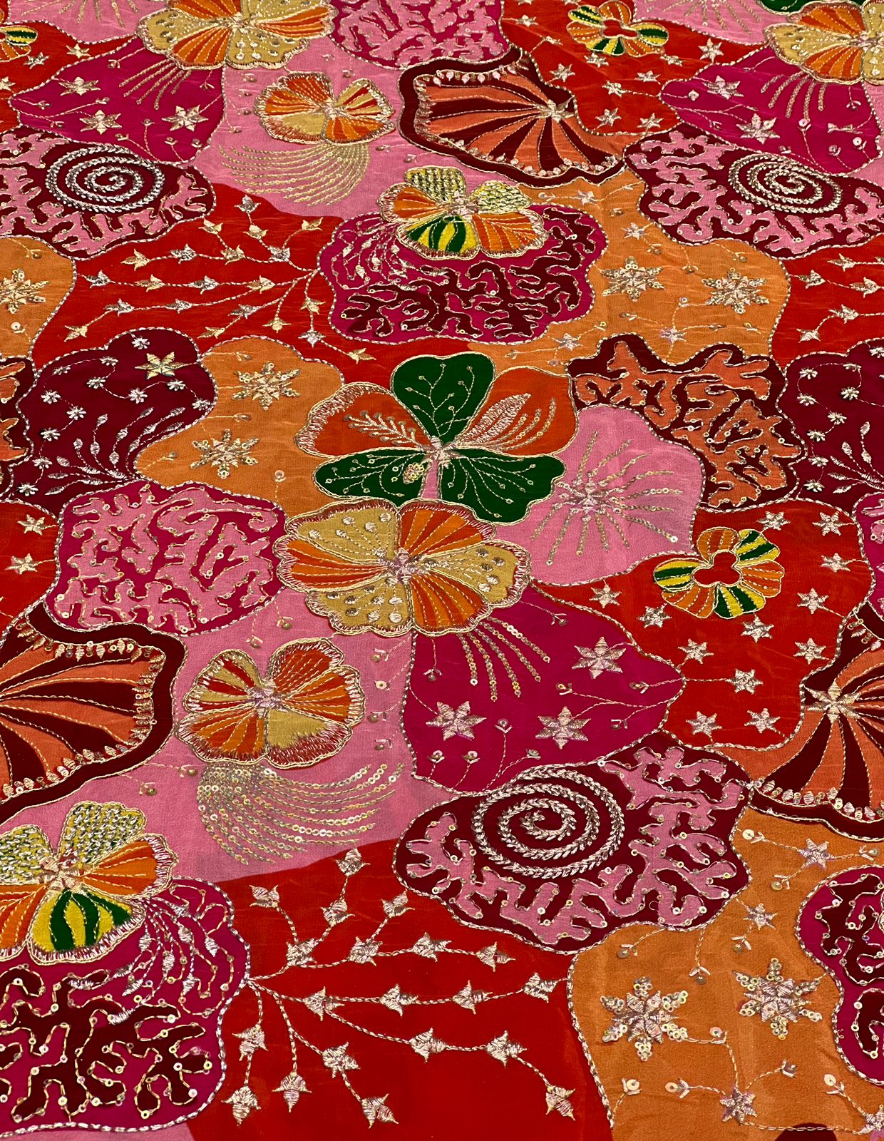 Vibrant Pink Orange Floral Embroidered Fabric – Luxury Designer Crepe Material