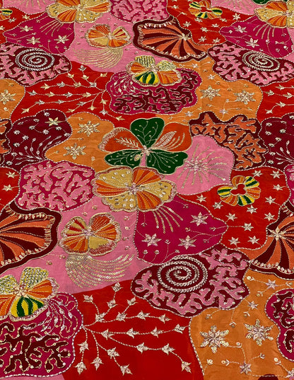 Vibrant Pink Orange Floral Embroidered Fabric – Luxury Designer Crepe Material