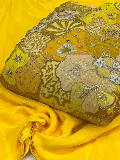 Sunshine Yellow Floral Embroidered Designer Fabric – Soft Crepe Material