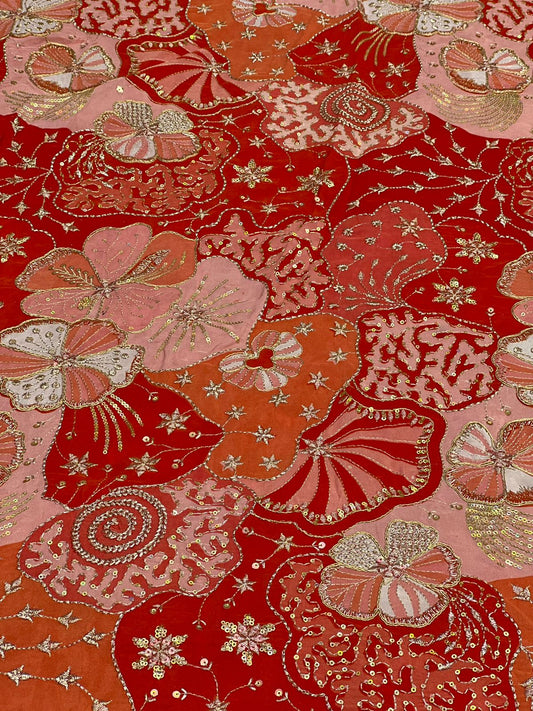 Coral Peach Floral Embroidered Fabric – Premium Designer Occasion Material