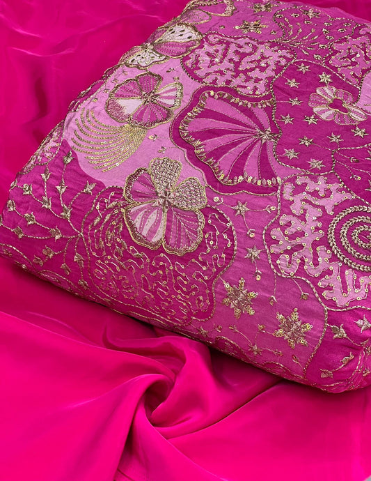Hot Pink Floral Embroidered Designer Fabric – Premium Festive Material
