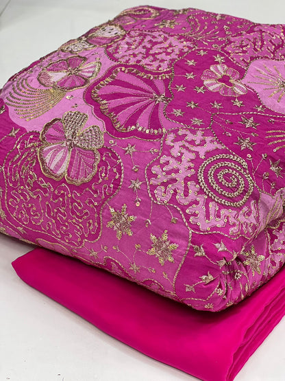 Hot Pink Floral Embroidered Designer Fabric – Premium Festive Material