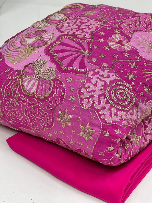 Hot Pink Floral Embroidered Designer Fabric – Premium Festive Material