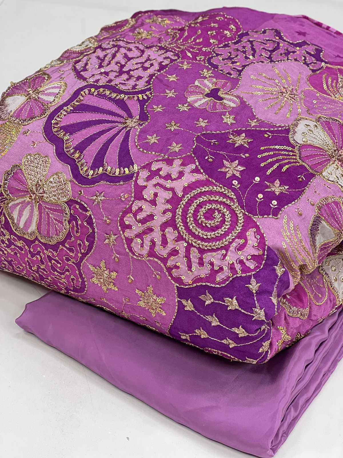 Lavender Purple Floral Embroidered Fabric – Elegant Premium Designer Material