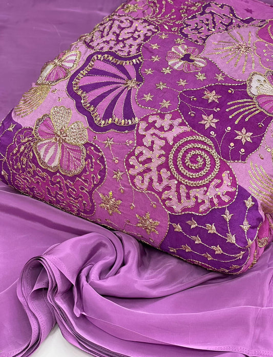 Lavender Purple Floral Embroidered Fabric – Elegant Premium Designer Material