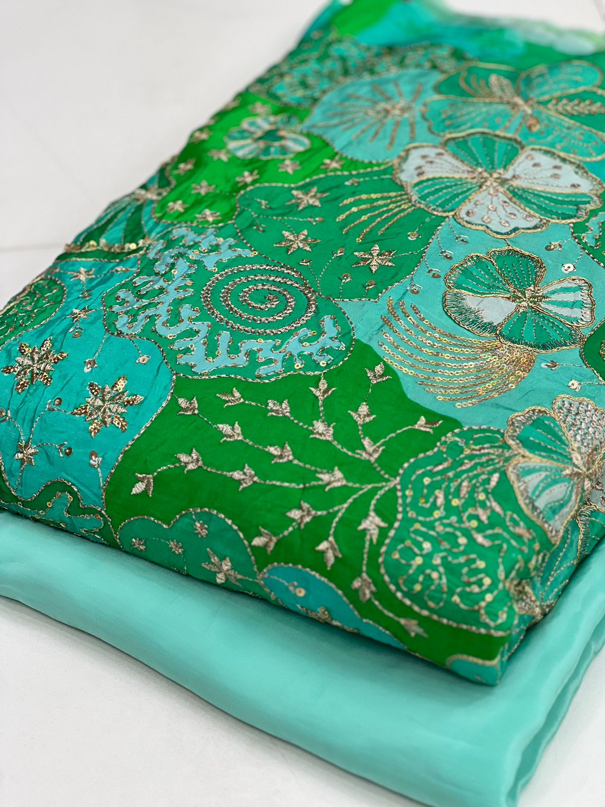 Emerald Aqua Floral Embroidered Fabric – Luxury Designer Crepe Material