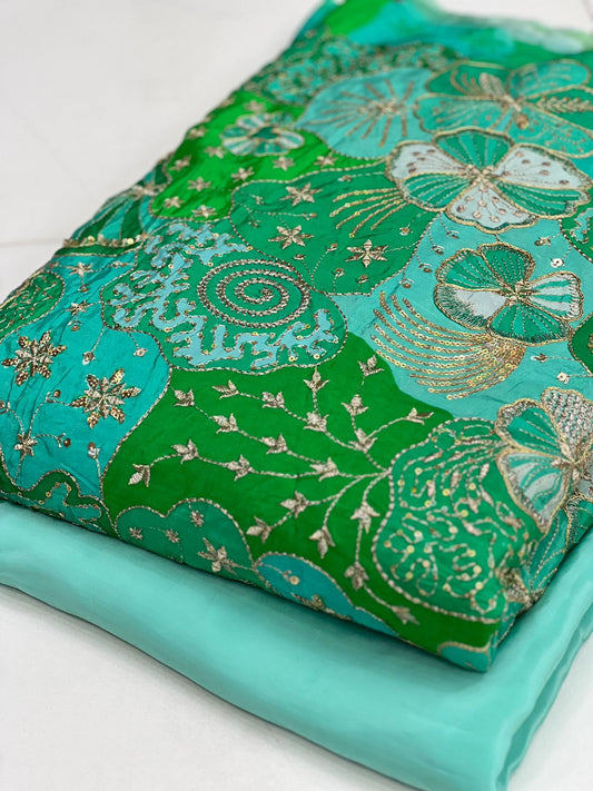 Emerald Aqua Floral Embroidered Fabric – Luxury Designer Crepe Material