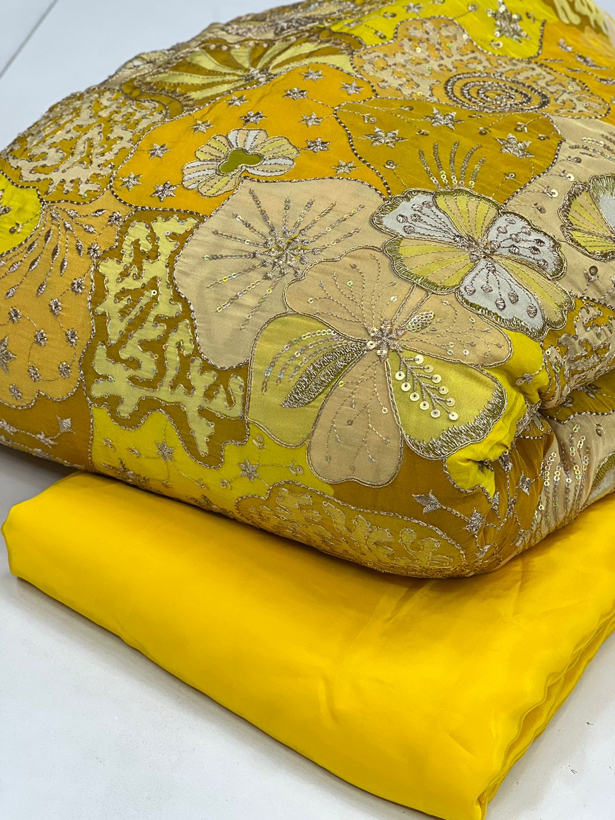 Sunshine Yellow Floral Embroidered Designer Fabric – Soft Crepe Material